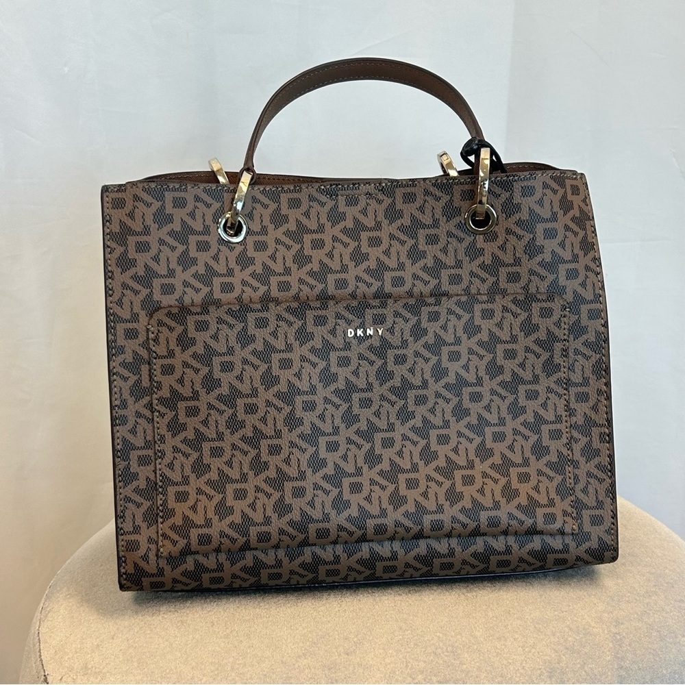 Dkny tan brown monogram logo purse bag NWT
